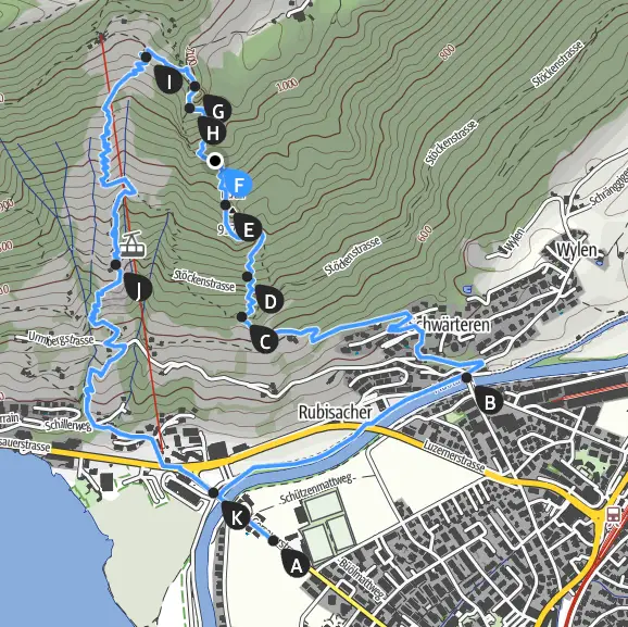 Map showing the hiking path to be taken to reach